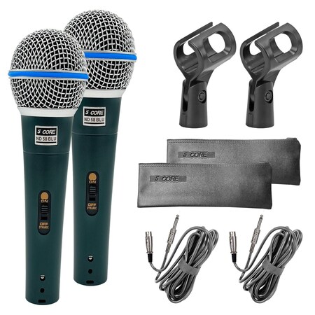 5 Core 2PCS Microphone Pro Neodymium Dynamic Mic XLR Audio Cardiod Karaoke w/ Mic Clip ND 58 BLU 2PCS